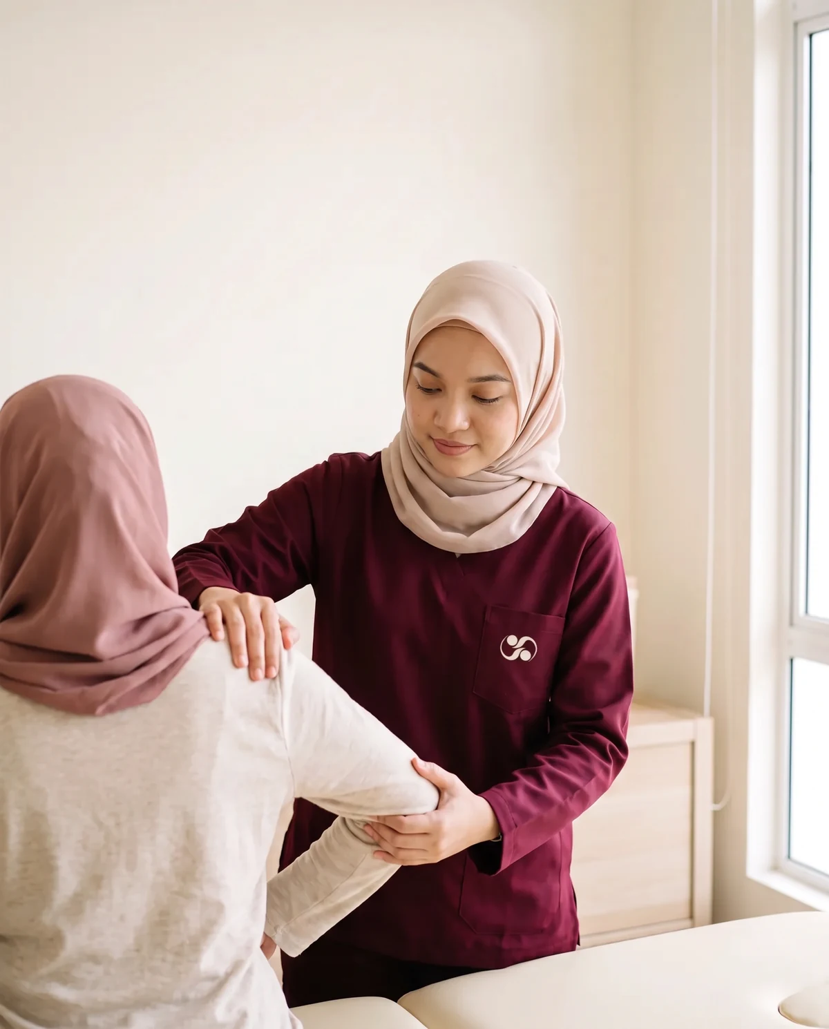 Nuvya physiotherapist in a burgundy uniform gently mobilising a patient's shoulder